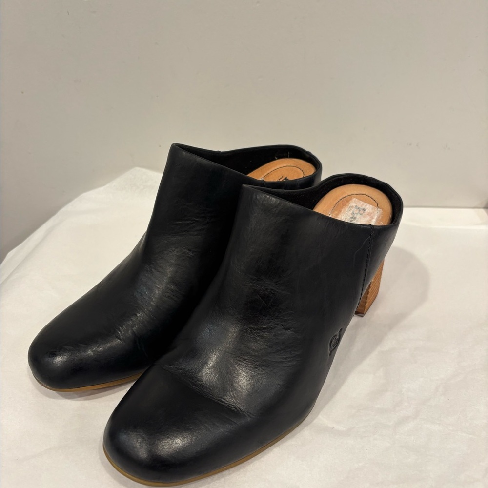 Born Black Leather Women's Mules with Wooden Heel - Picture 2 of 8
